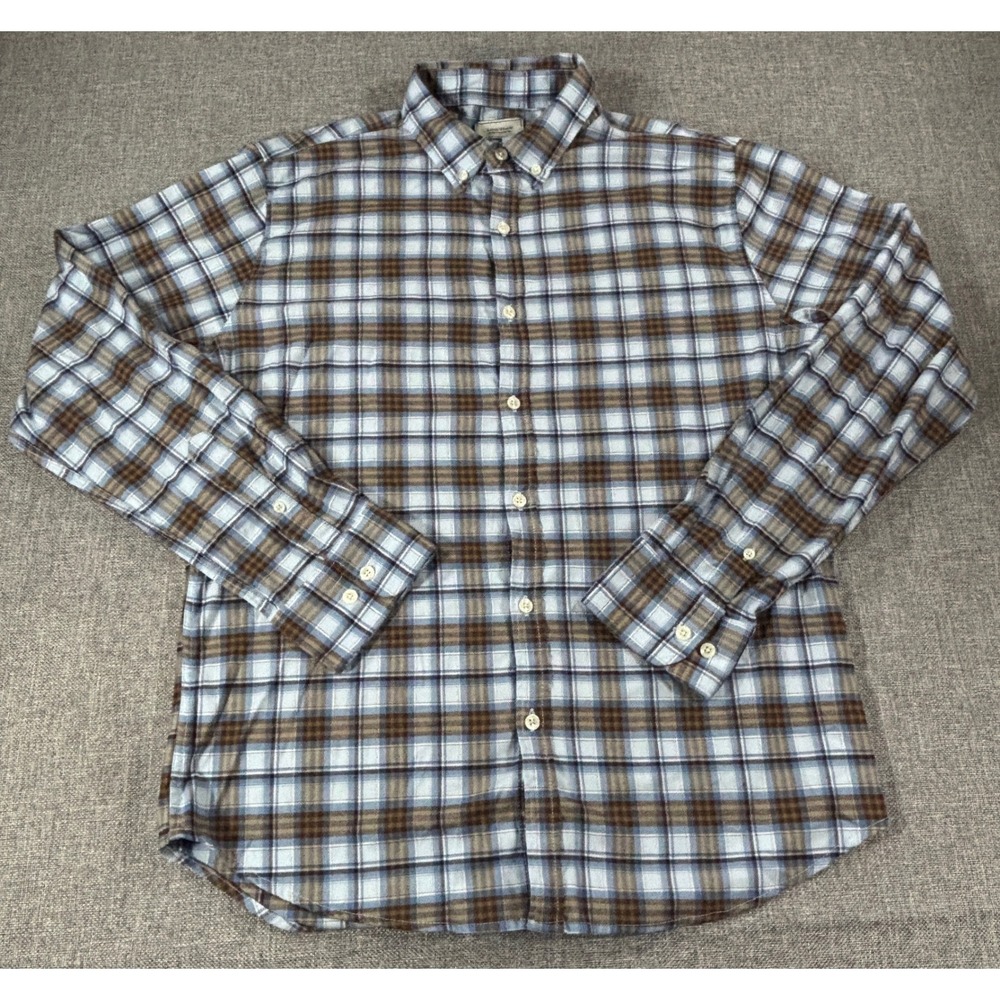 Savannah Shirt Plaid Button Down Long Sleeve Blue Brown Tencel Stretch Women's L